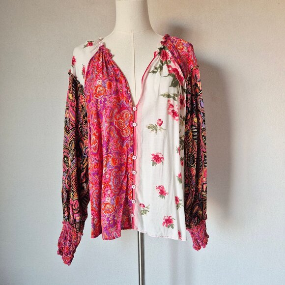 Free People Gemini Floral Paisley Mixed Patchwork Boho Blouse Button Oversize - Picture 2 of 15